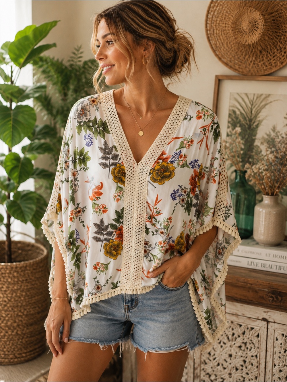 NWT Wayan Floral Kimono Blouse L/XL Crochet Trim Boho Batwing Top